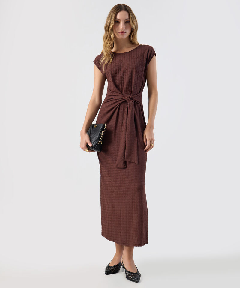 Vestido Para Mujer Midi Textura Nudo Frontal Elegante