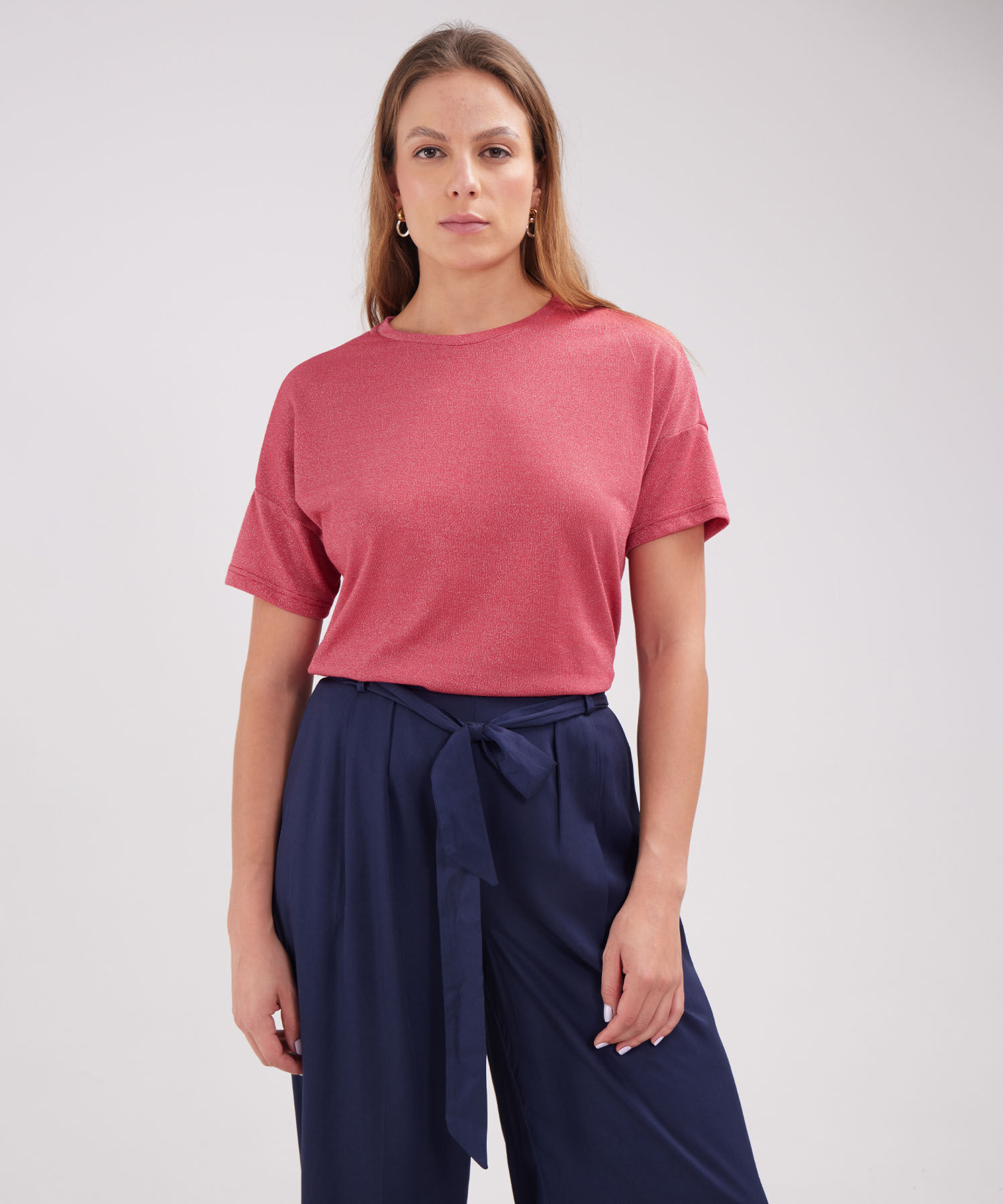 Camiseta Manga Corta Unicolor, Cuello Redondo, Silueta Amplia