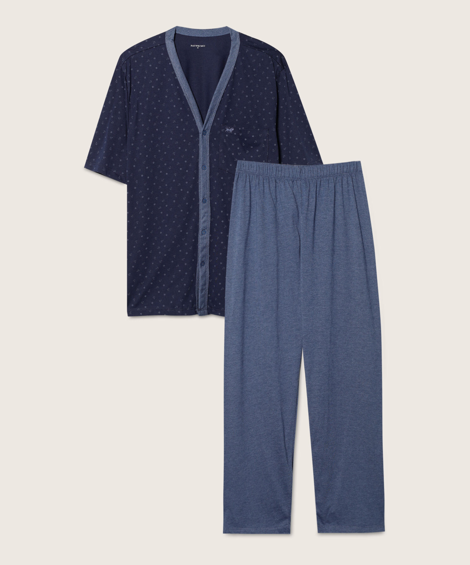 Pijama Camiseta Abierta Manga Corta Con Pechera Contraste Estampada Y Pantalón Unicolor