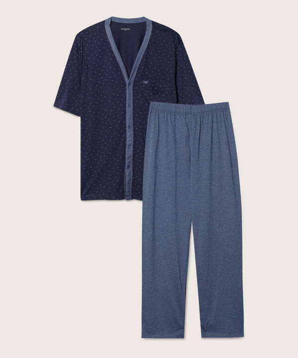 Pijama Camiseta Abierta Manga Corta Con Pechera Contraste Estampada Y Pantalón Unicolor