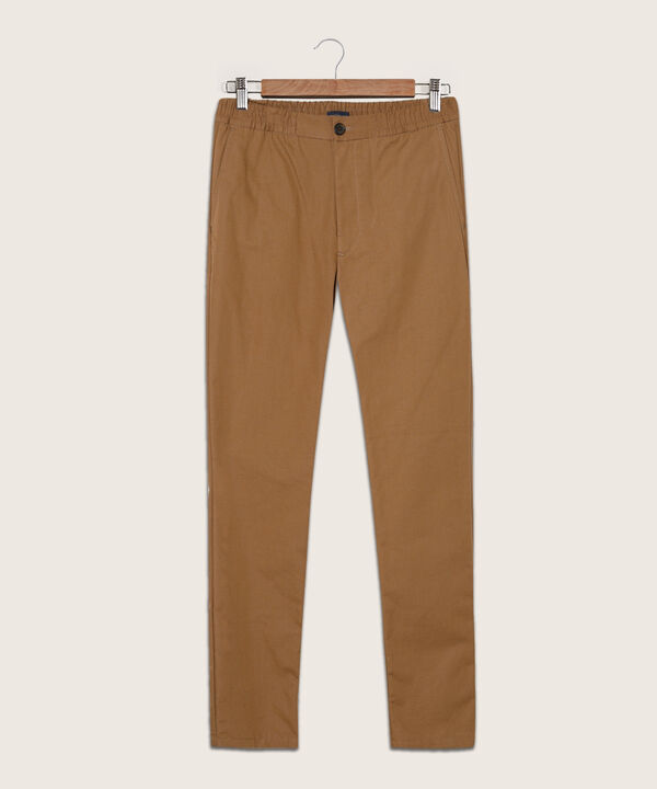 Pantalón Unicolor, Cintura Elástica Con Botón, Bolsillos Laterales, Bota Recta Y Silueta Regular Fit