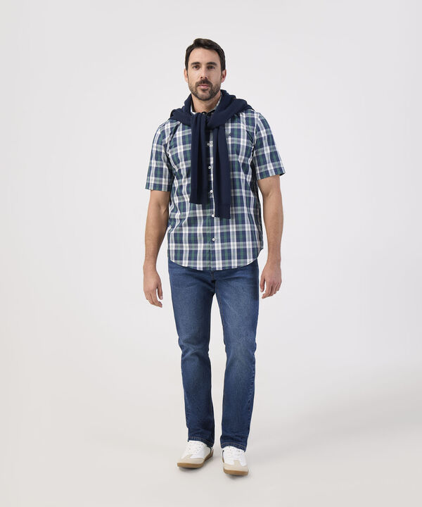 Camisa Manga Corta Cuadros Estampados Con Bolsillo