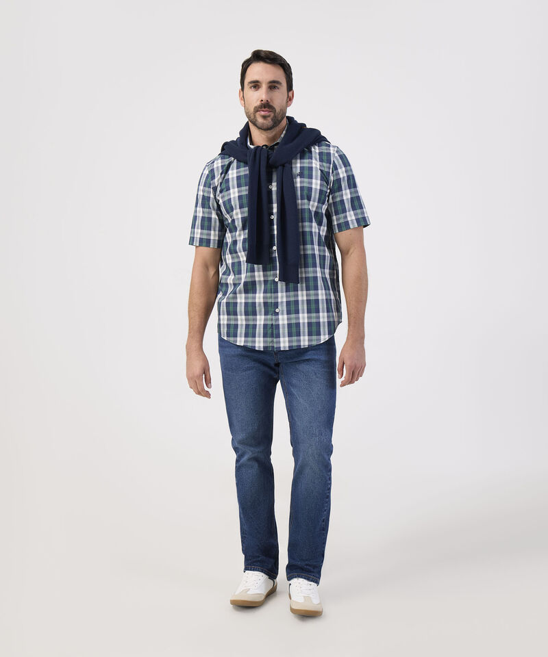 Camisa Manga Corta Cuadros Estampados Con Bolsillo