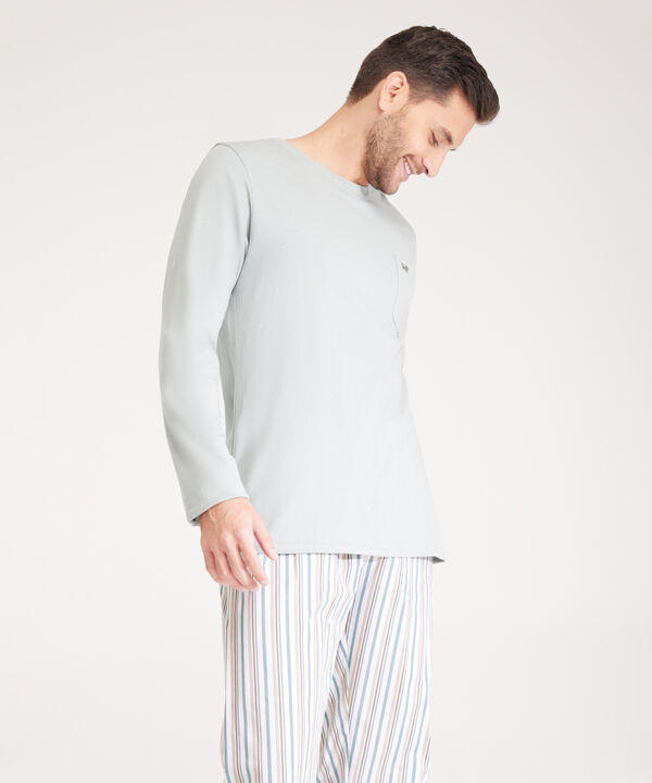 Pijama Set, Camiseta Crew Neck Manga Larga Unicolor Con Bolsillo Y Pantalón Estampado A Rayas