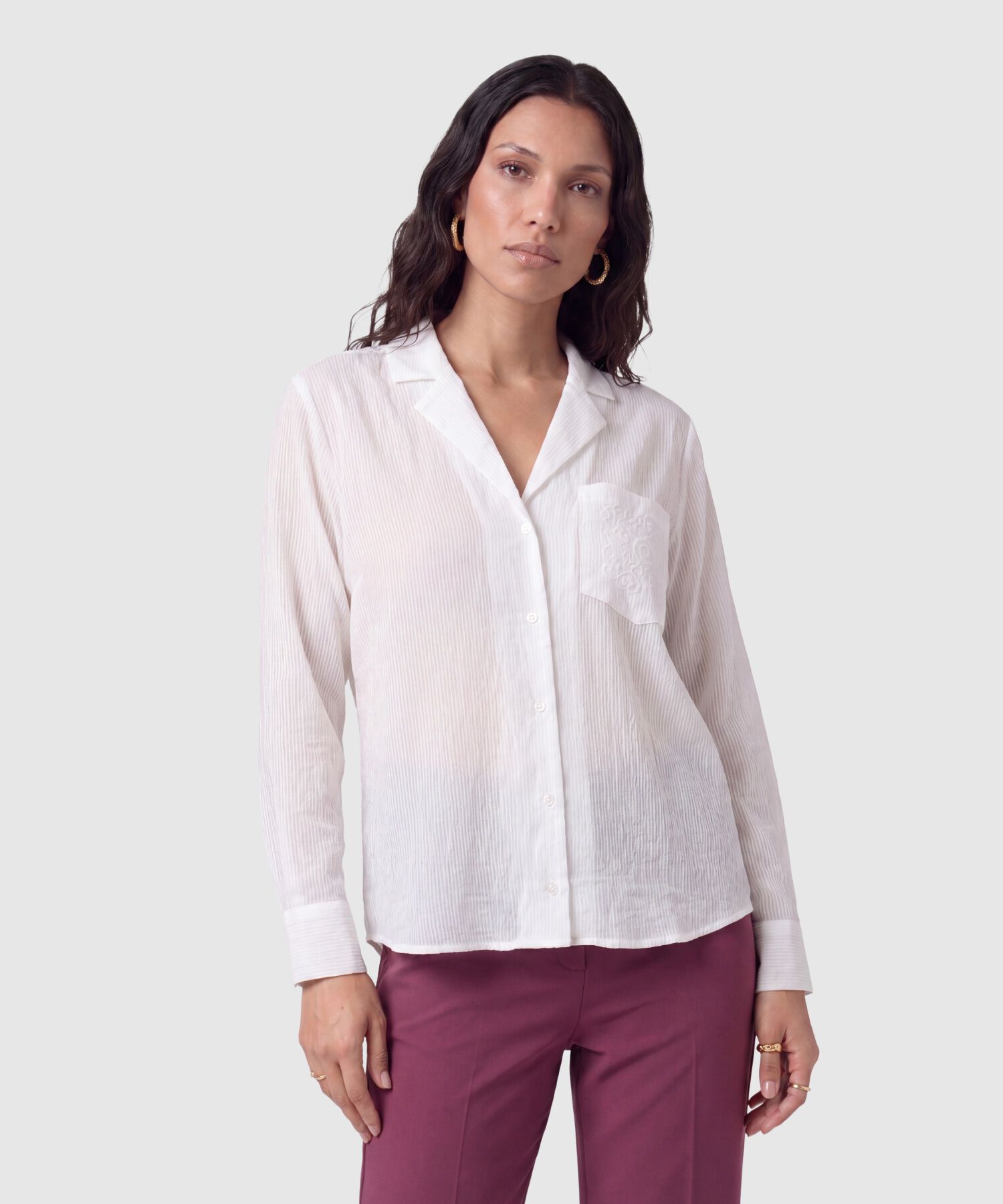 Camisa Mujer Manga Larga con Solapa y Bolsillo