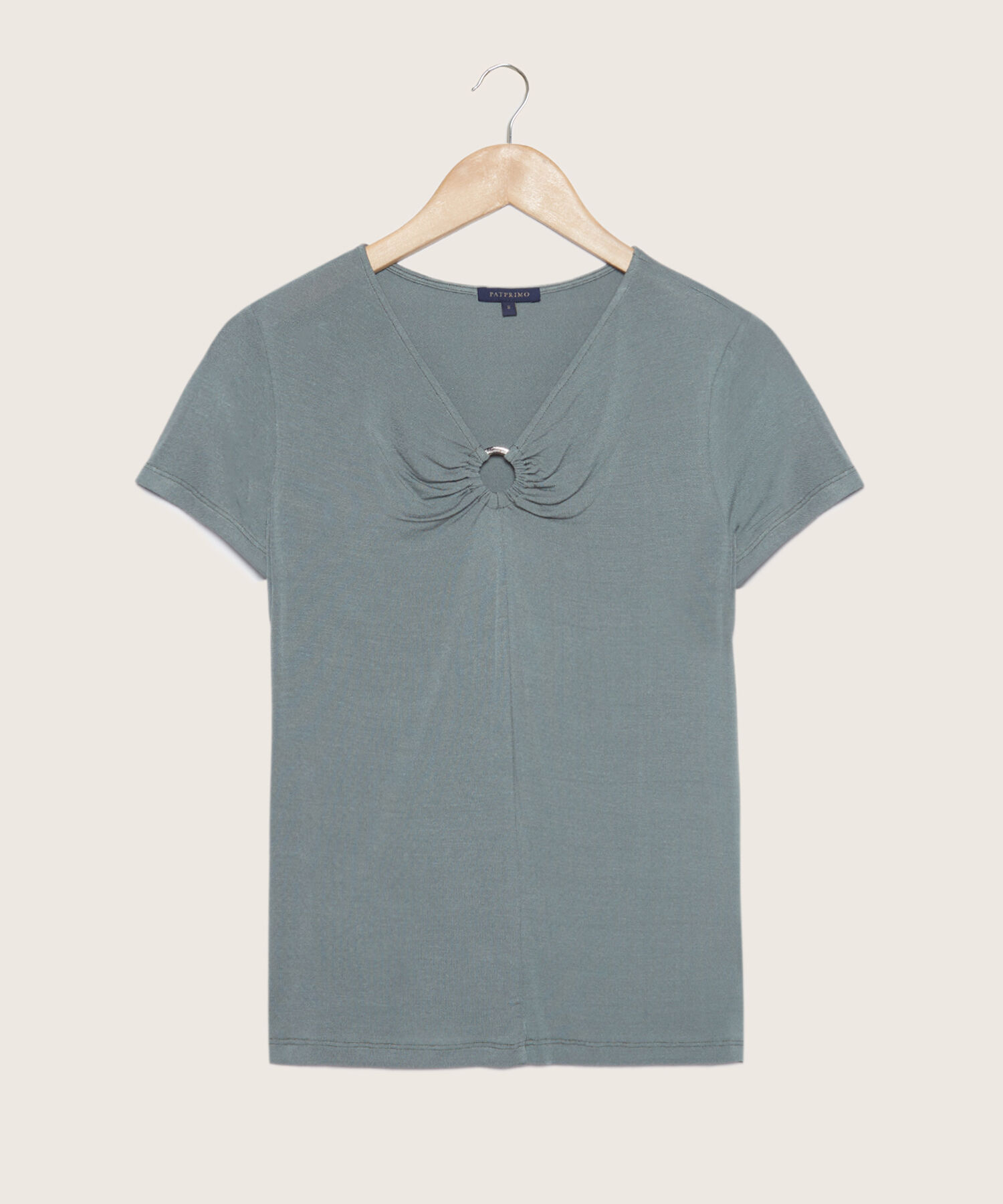 Camiseta Unicolor Manga Corta, Cuello V Con Aro Decorativo Para Recogido