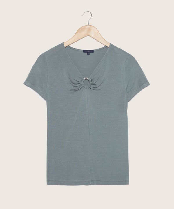 Camiseta Unicolor Manga Corta, Cuello V Con Aro Decorativo Para Recogido