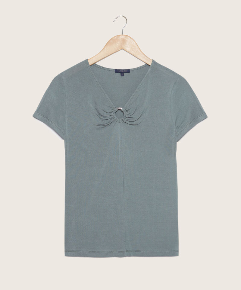 Camiseta Unicolor Manga Corta, Cuello V Con Aro Decorativo Para Recogido