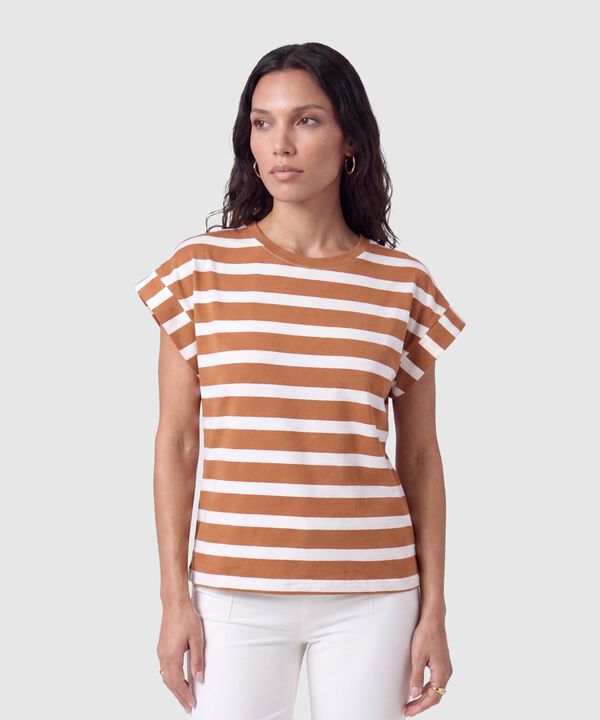Camiseta A Rayas Con Manga Dobladillo Para Mujer image number null