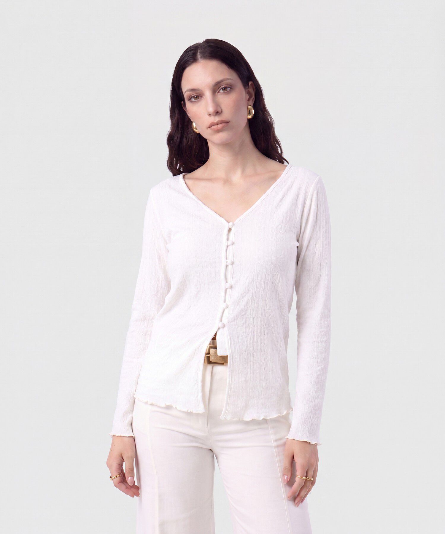 Camiseta Manga Larga Con Botones Para Mujer