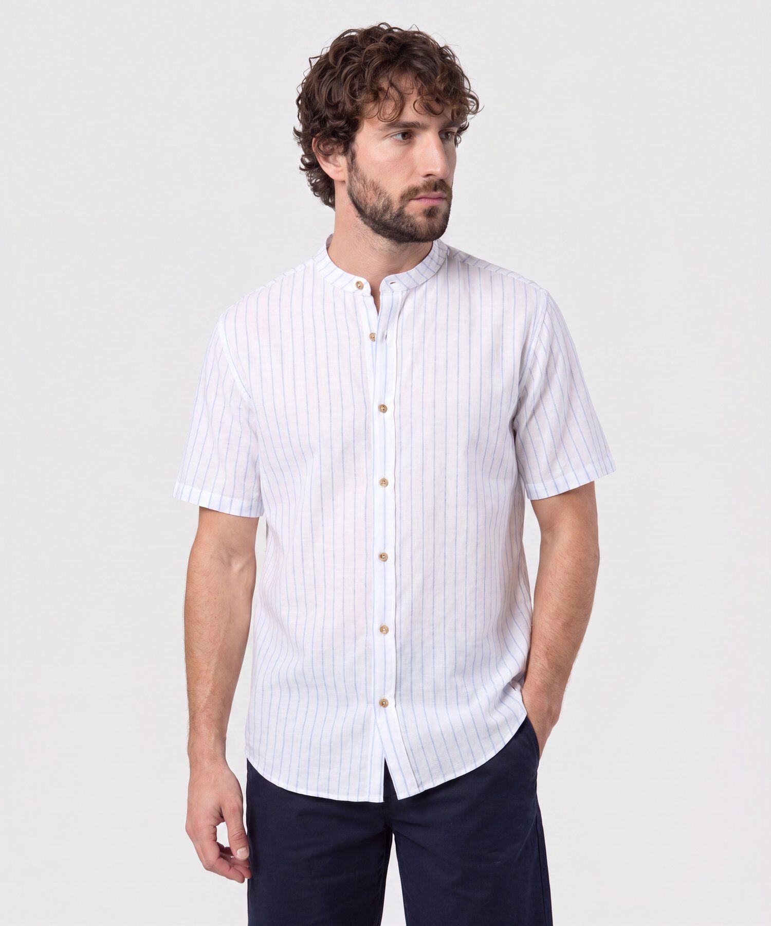 Camisa Manga Corta Cuello Mao Para Hombre