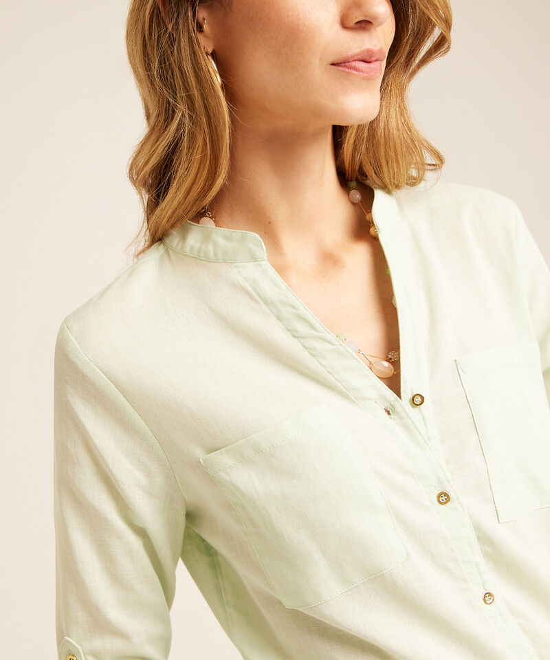 Blusa Unicolor, Manga Larga Con Charretera, Cuello En V Con Cuello Neru Y Bolsillos