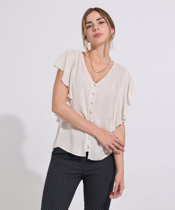 Blusa Unicolor Cuello V, Manga Corta Con Bolero Y Botonadura En Frente
