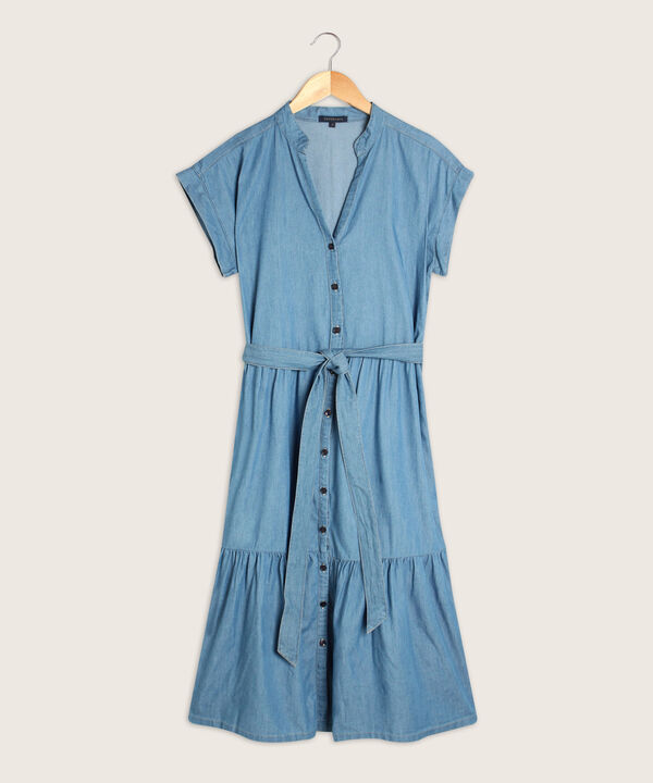 Vestido Tono Azul Claro Largo Con Cinturón