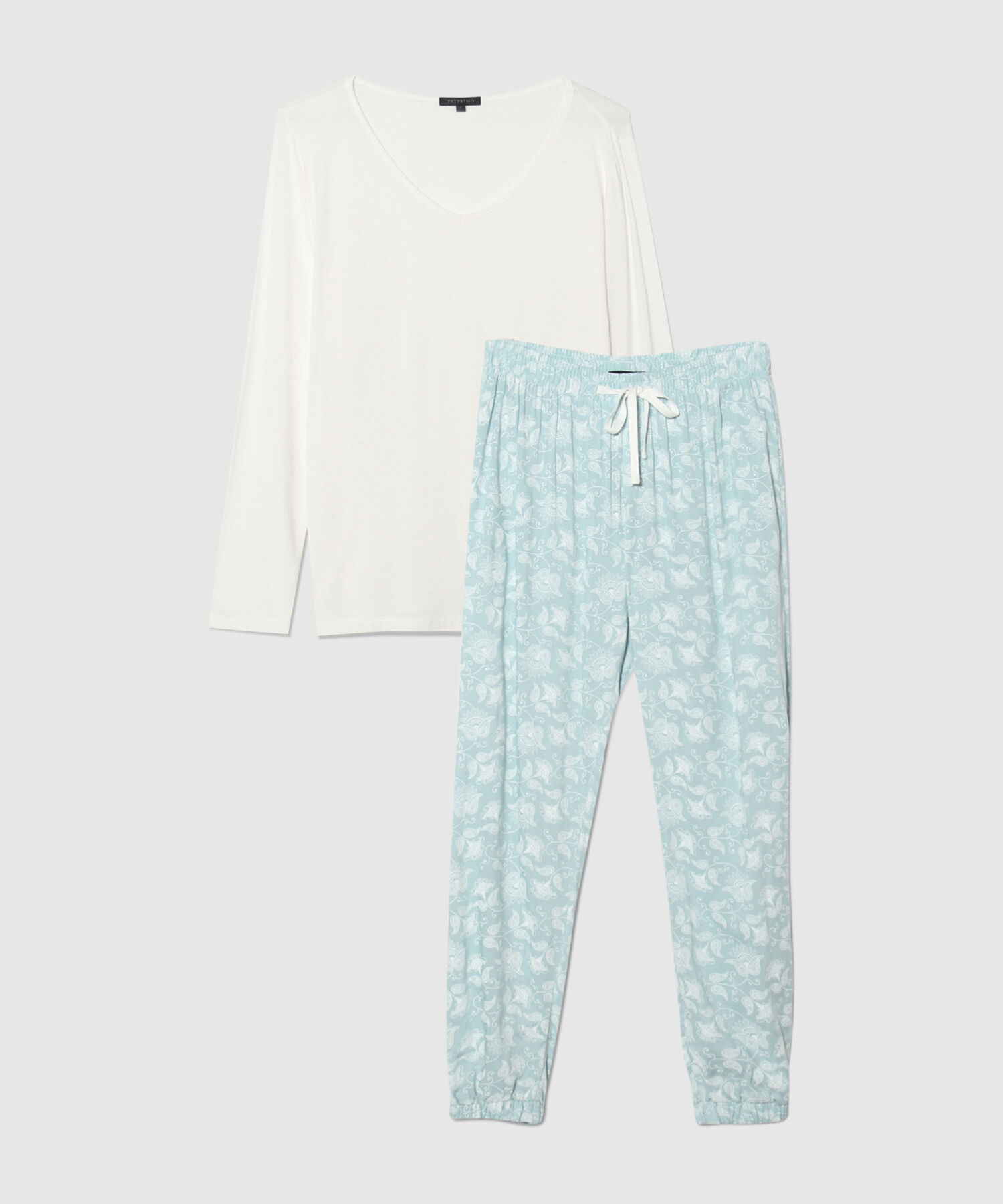 Pijama Set Camiseta Manga Larga Cuello V Unicolor Y Pantalón Plano Estampado