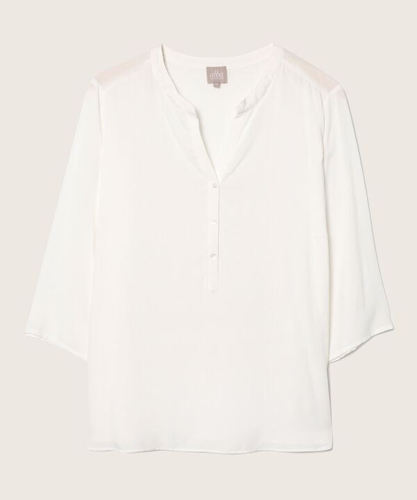 Blusa Unicolor Manga 3/4, Cuello En V Con Pechera Corta Y Cuello Neru