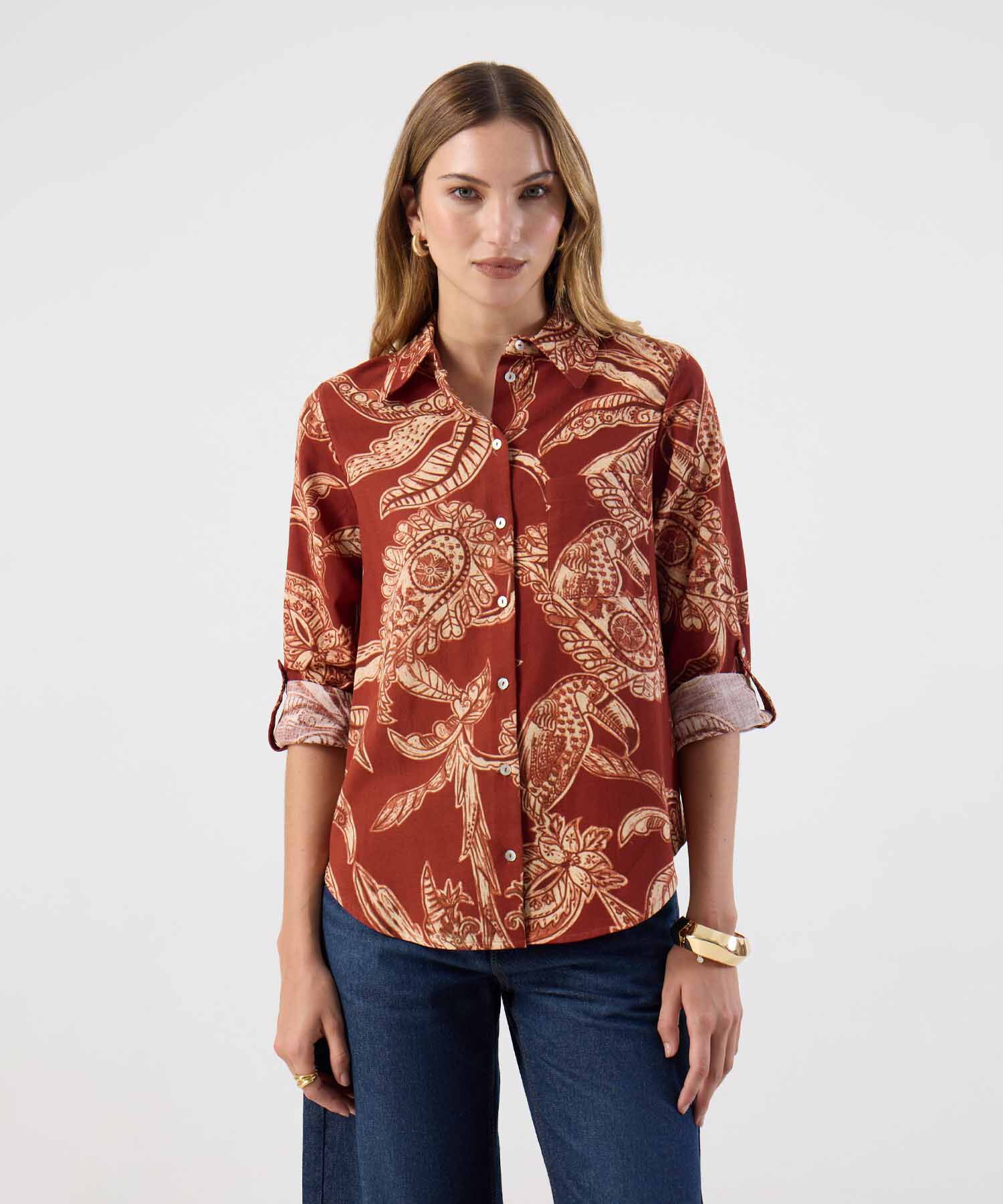 Camisa Ajuste Regular Mangas Recogidas Mujer