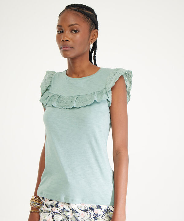 Camiseta Cuello Redondo Manga Corta Con Letin Y Bolero En Frente image number null