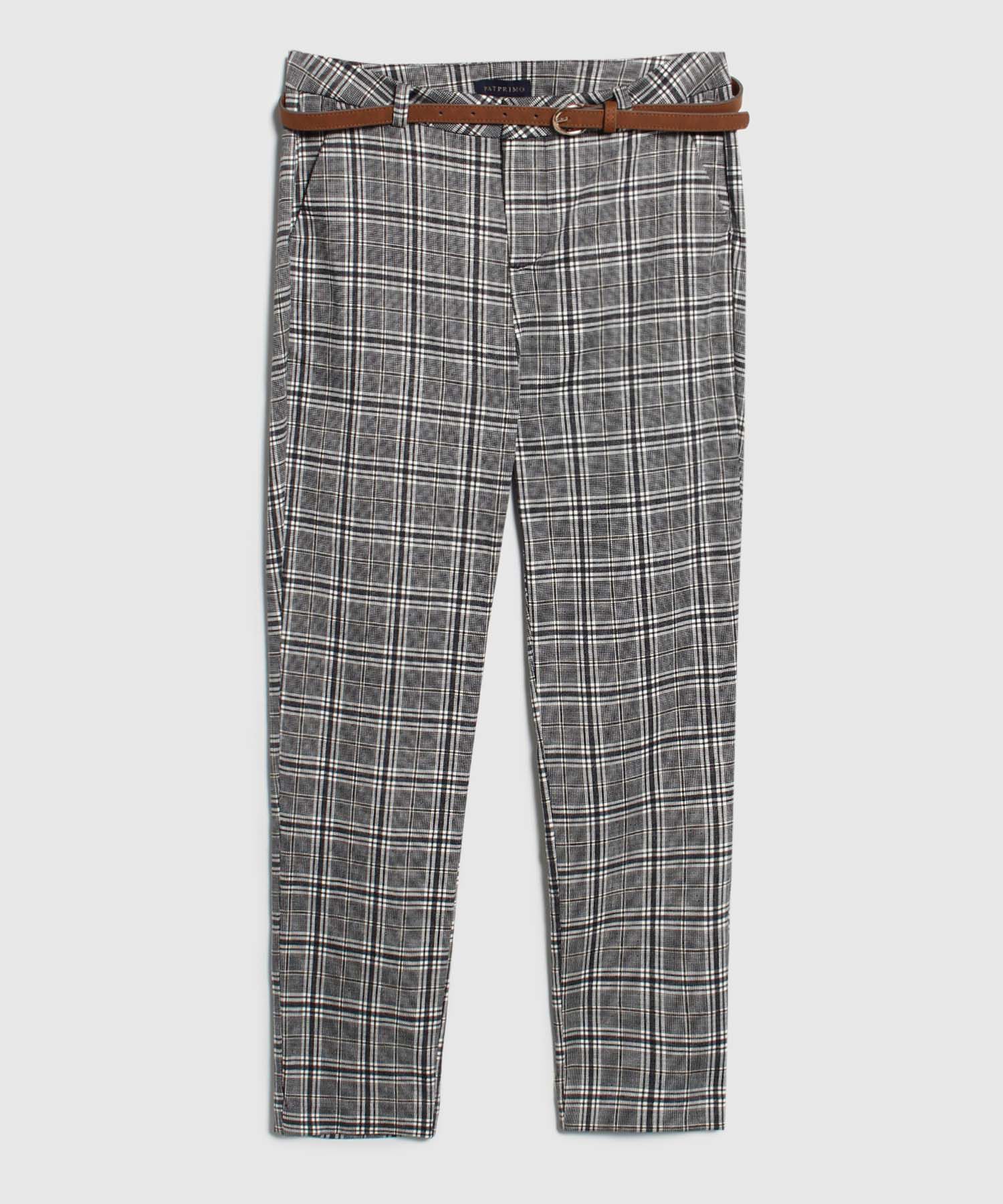 Pantalón Básico Bolsillos Diagonal Estampado Con Cinturón