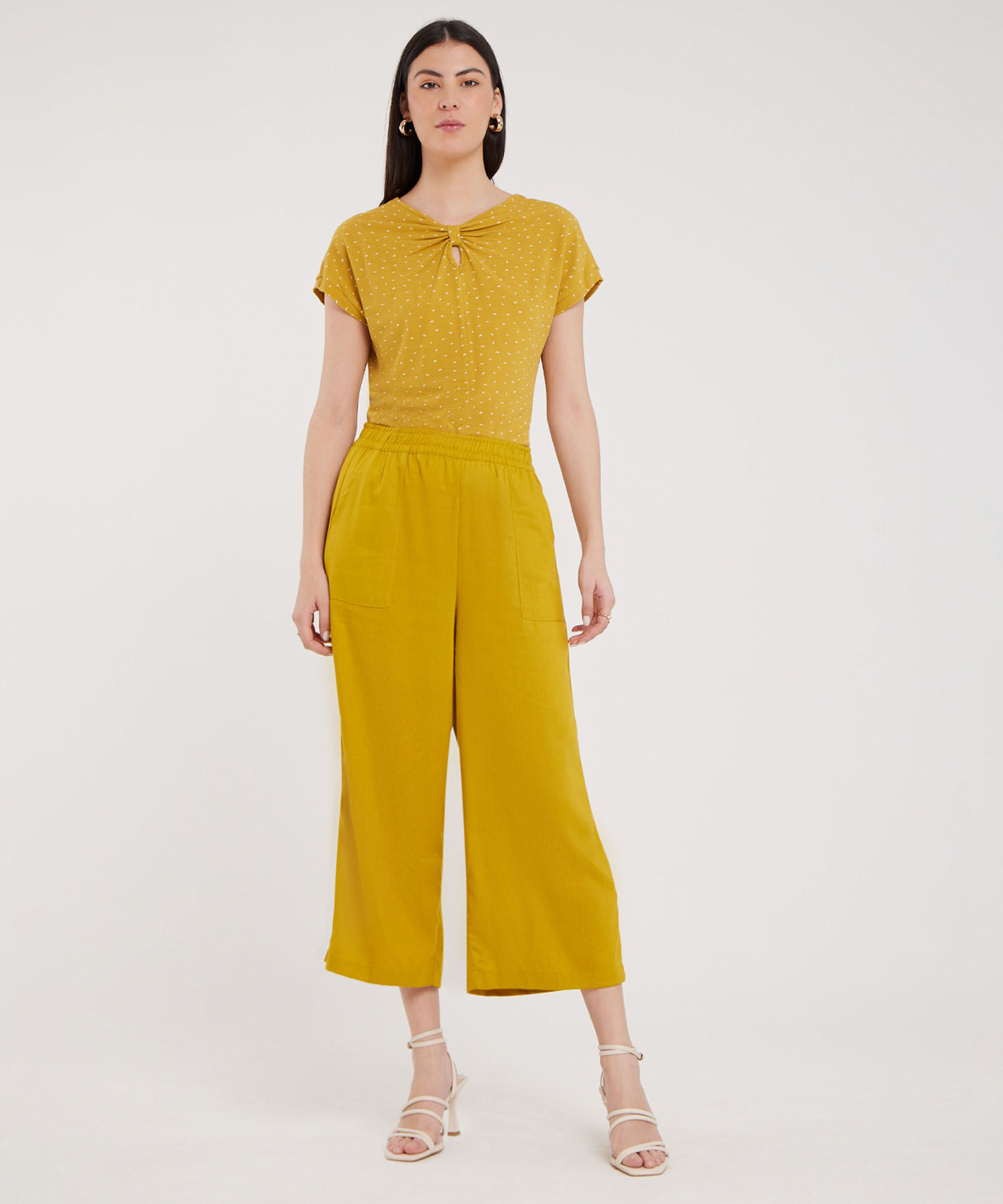 Pantalon Moda Tipo Culotte Unicolor, Resortado Con Bolsillos Diagonales, Tel Aviv Linea Moda