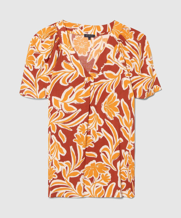 Blusa Estampada Escote V Con Manga Corta Volada Estampada