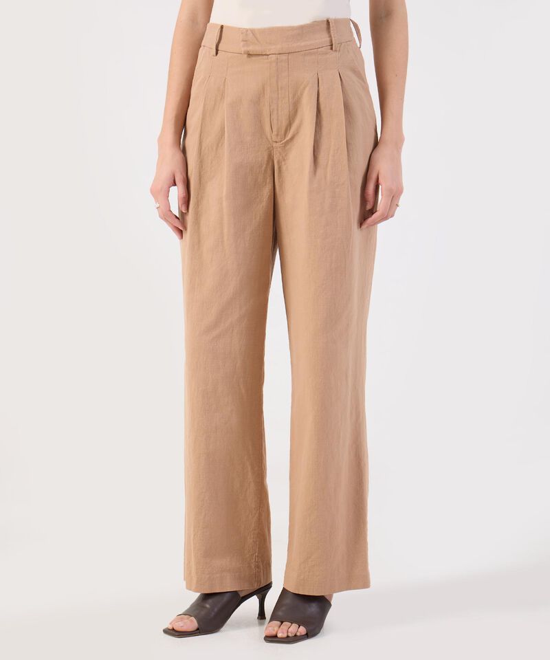 Pantalón Ancho Pinzas Lino Color Camel