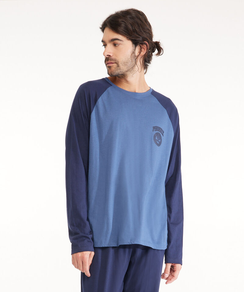 Pijama Con Camiseta Manga Rangla En Contraste Y Pantalón Unicolor