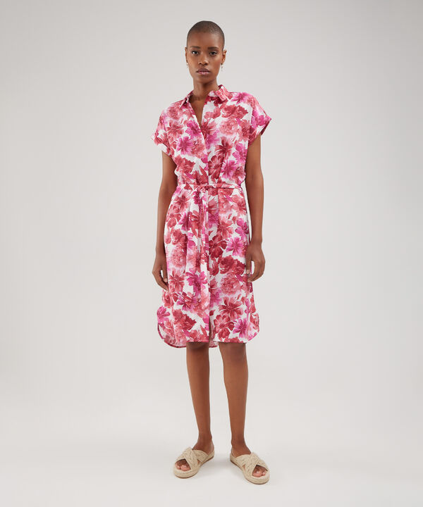 Vestido Camisero En Lino Estampado Con Cinturon