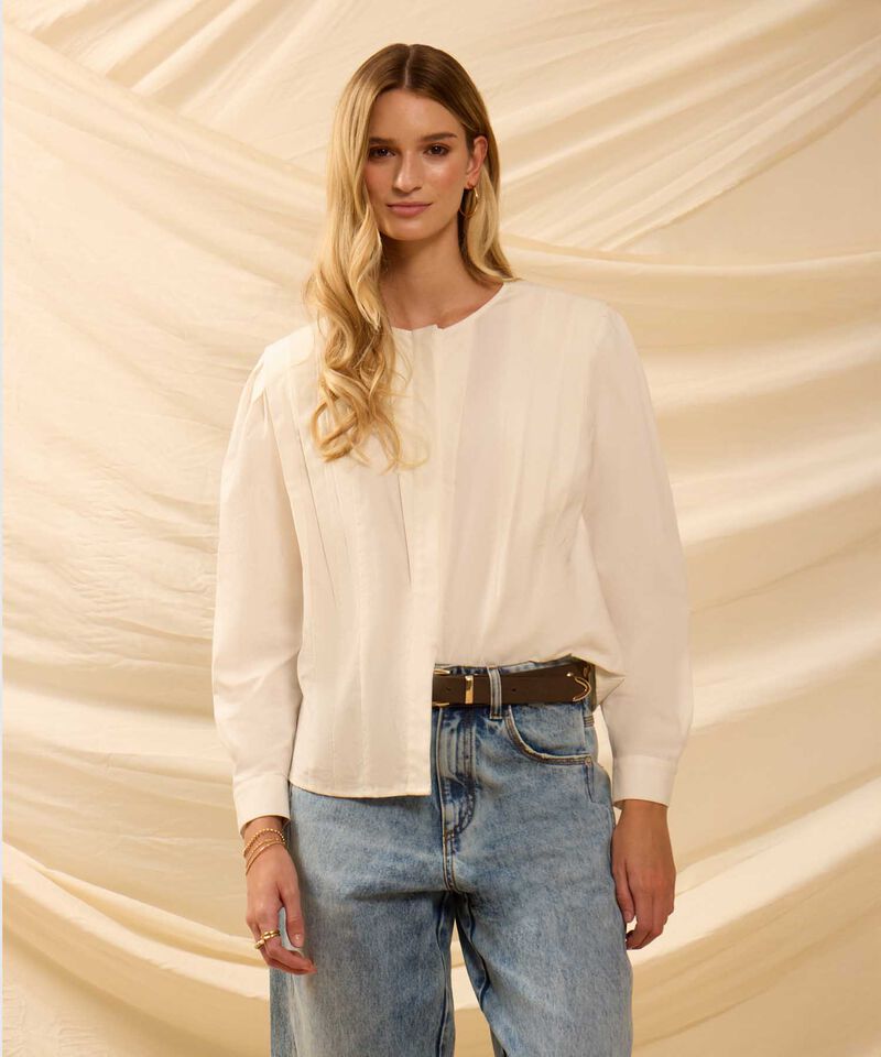 Blusa De Cuello Redondo Con Alforzas Para Mujer