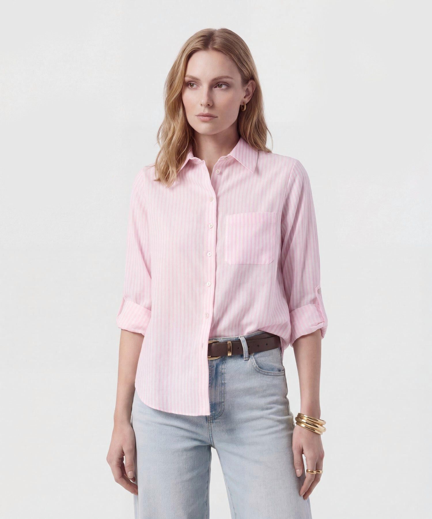 Camisa De Rayas Con Charretera Para Mujer