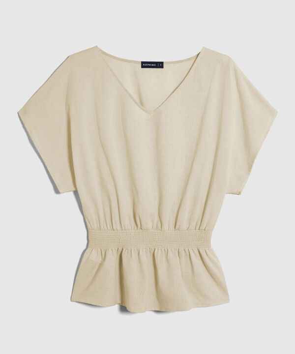 Blusa Unicolor Manga Corta, Escote V Con Encauchado En Cintura, Nautico Artesanal Línea Moda