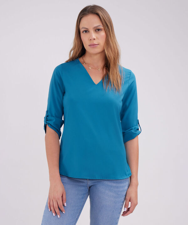 Blusa Manga 3/4 Unicolor Escote En V