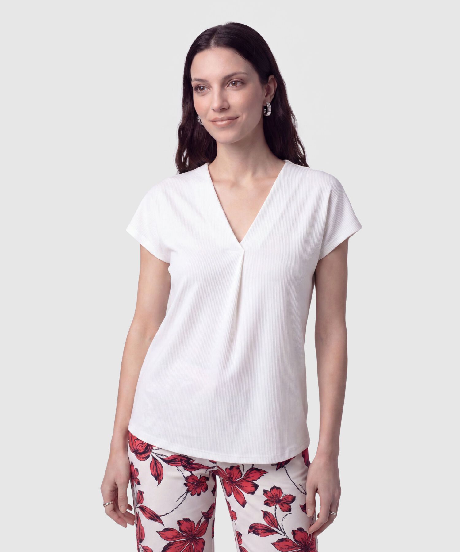 Camiseta Cuello en V Acanalada Mujer