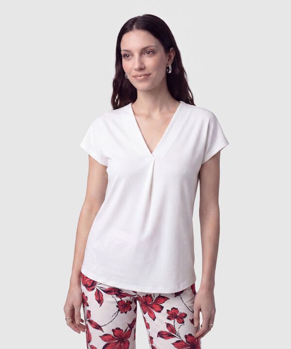 Camiseta Cuello en V Acanalada Mujer image number null