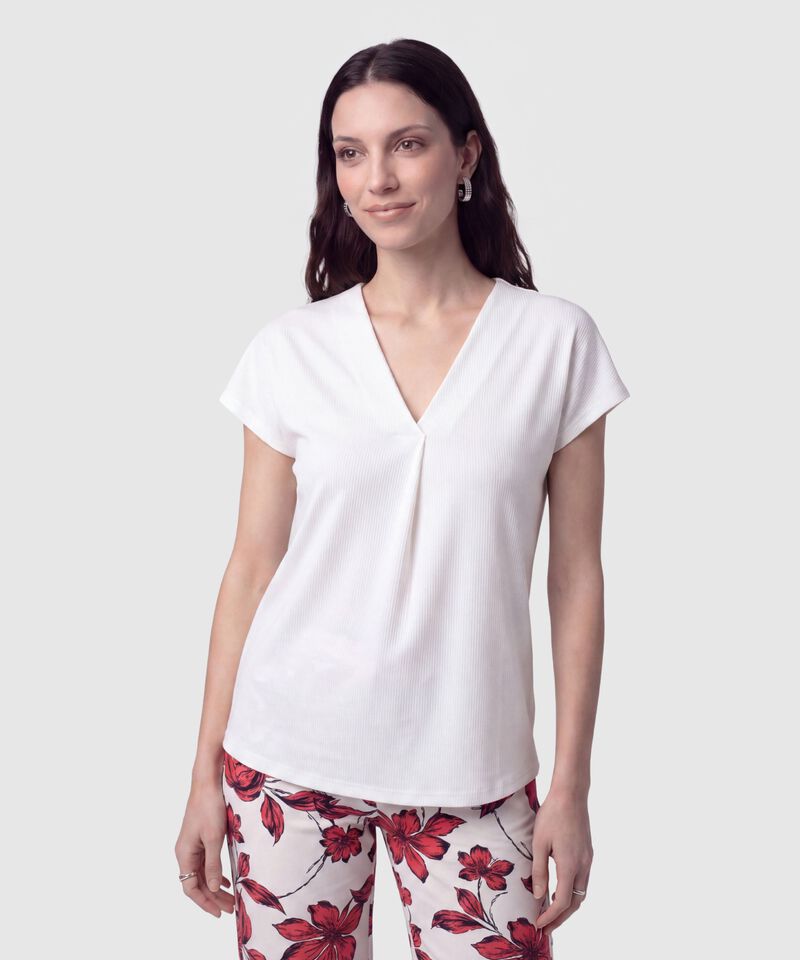 Camiseta Cuello en V Acanalada Mujer