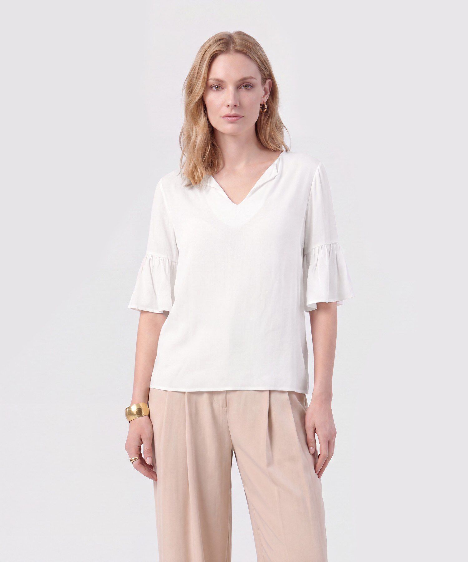 Blusa Cuello En V Con Manga Volante Mujer