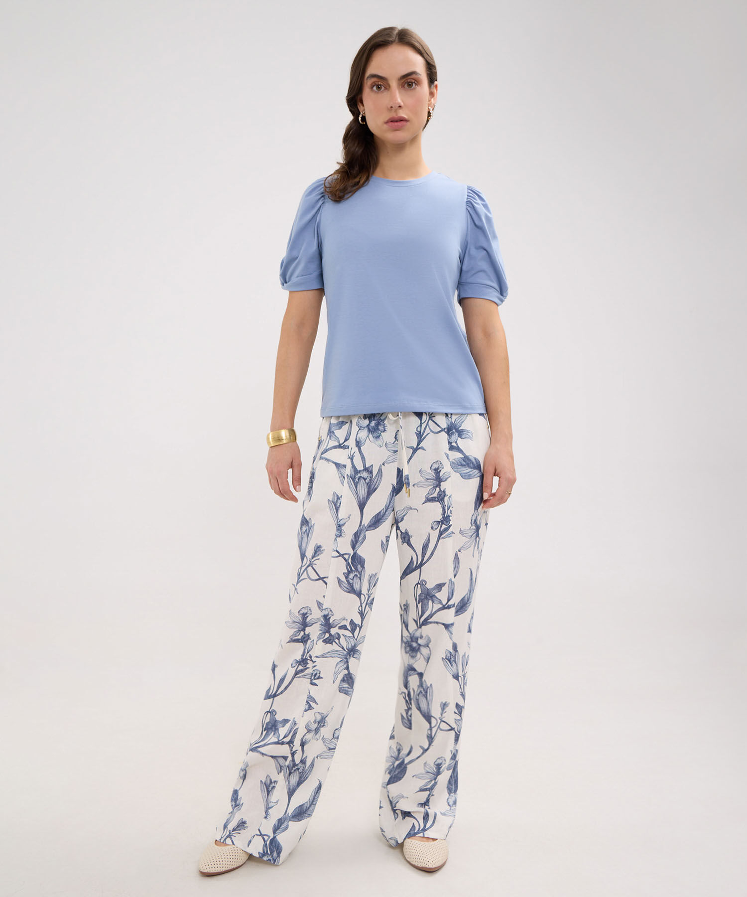 Pantalón Estampado en Efecto Lino