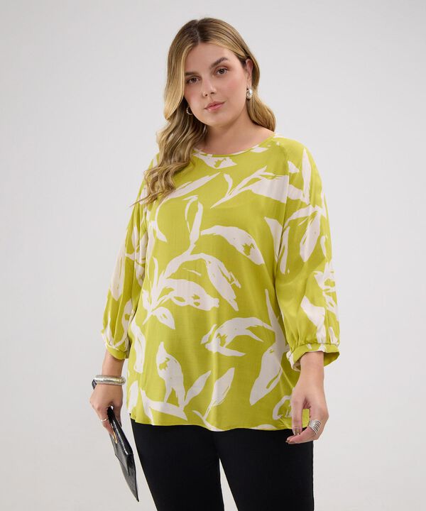 Blusa Estampada, Escote Redondo, Manga 3/4 Con Recogido En Puños