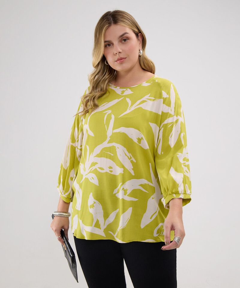 Blusa Estampada, Escote Redondo, Manga 3/4 Con Recogido En Puños