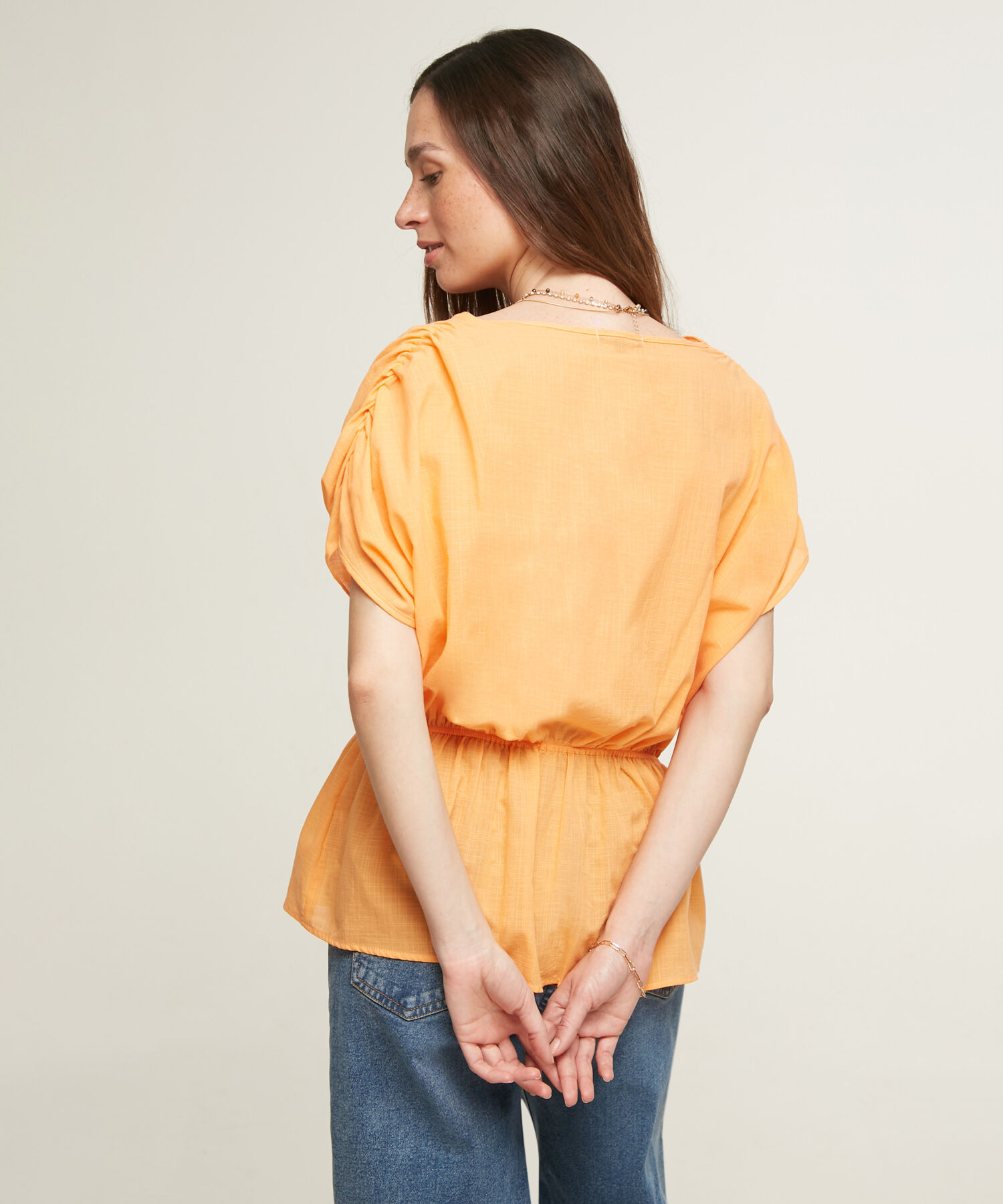 Blusa Manga Corta Con Elástico En Cintura