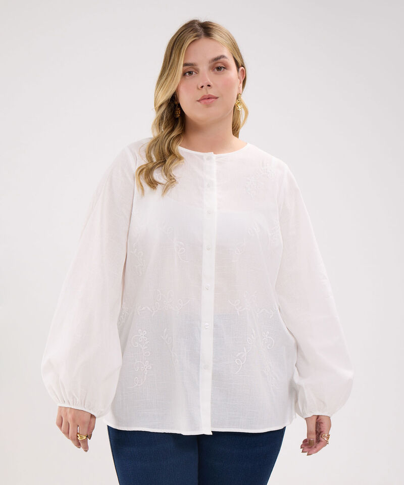 Blusa Unicolor Con Bordado Manga Bombacha