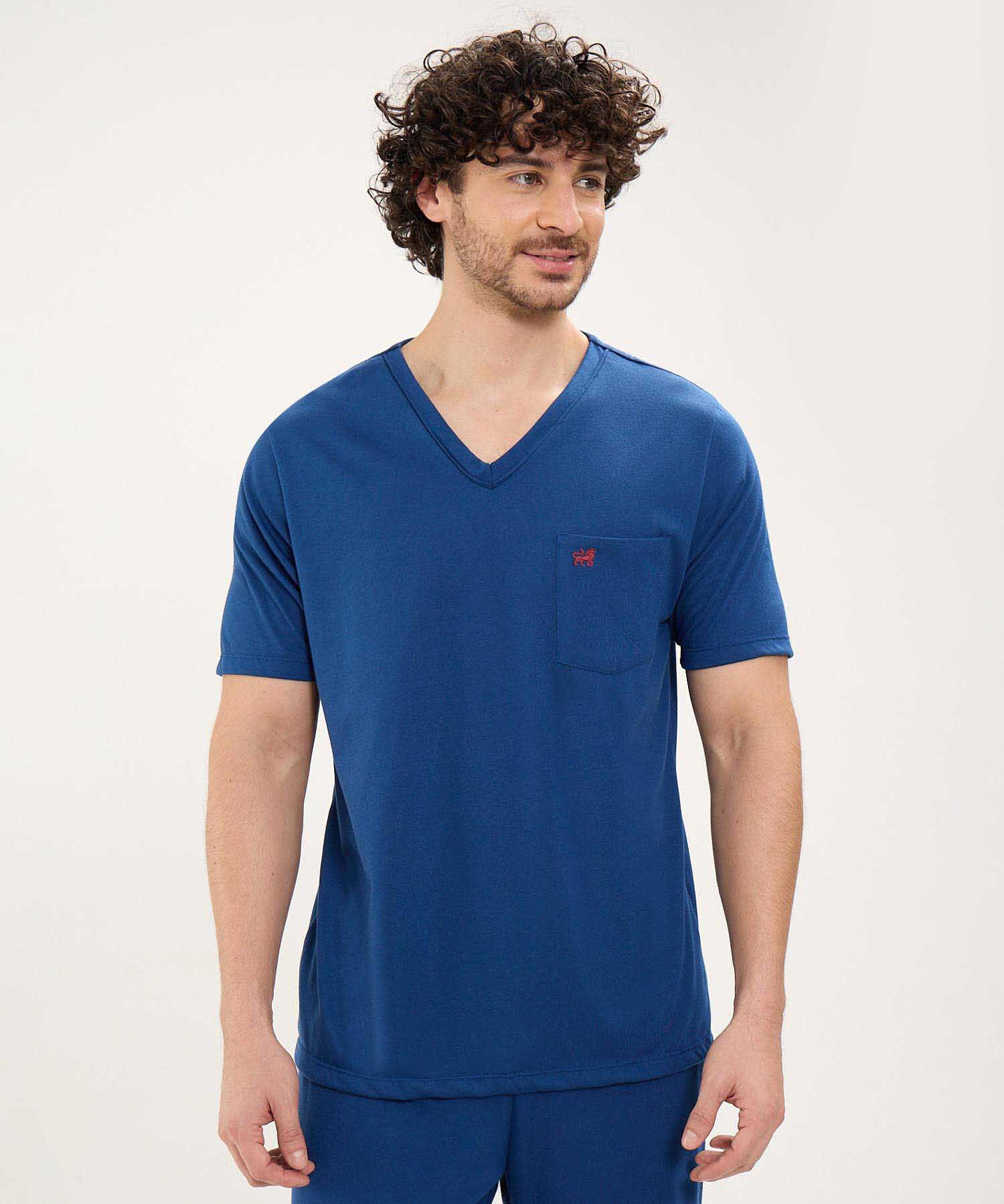 Pijama Manga Corta Camiseta Cuello V Con Vena A Tono Ypantalon Unicolor