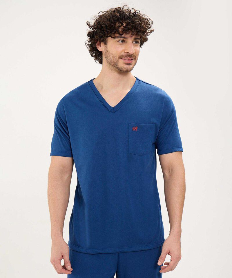 Pijama Manga Corta Camiseta Cuello V Con Vena A Tono Ypantalon Unicolor