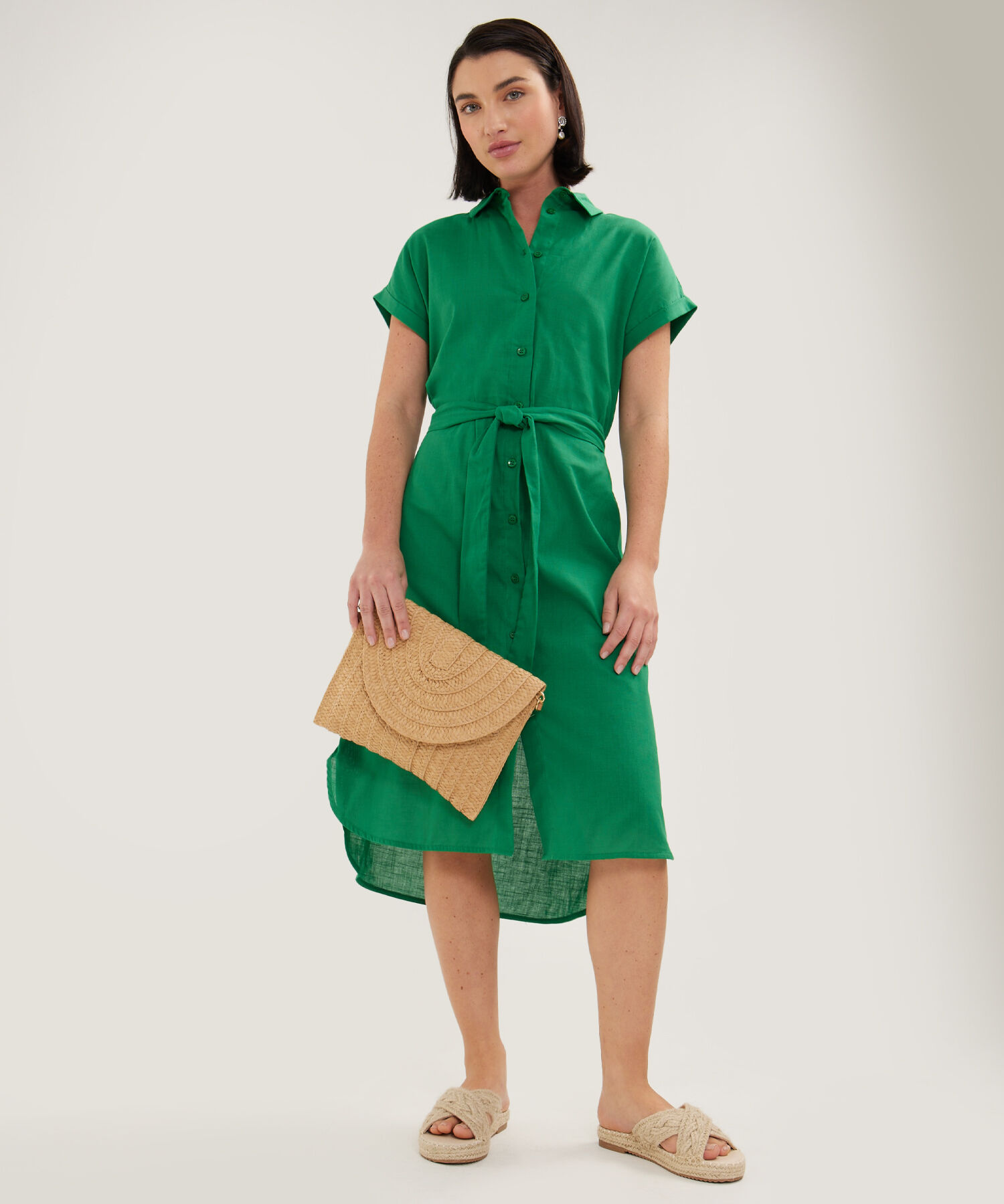 Vestido Camisero En Lino Unicolor Con Cinturon