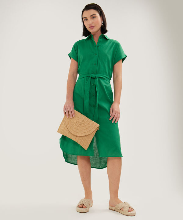 Vestido Camisero En Lino Unicolor Con Cinturon image number null