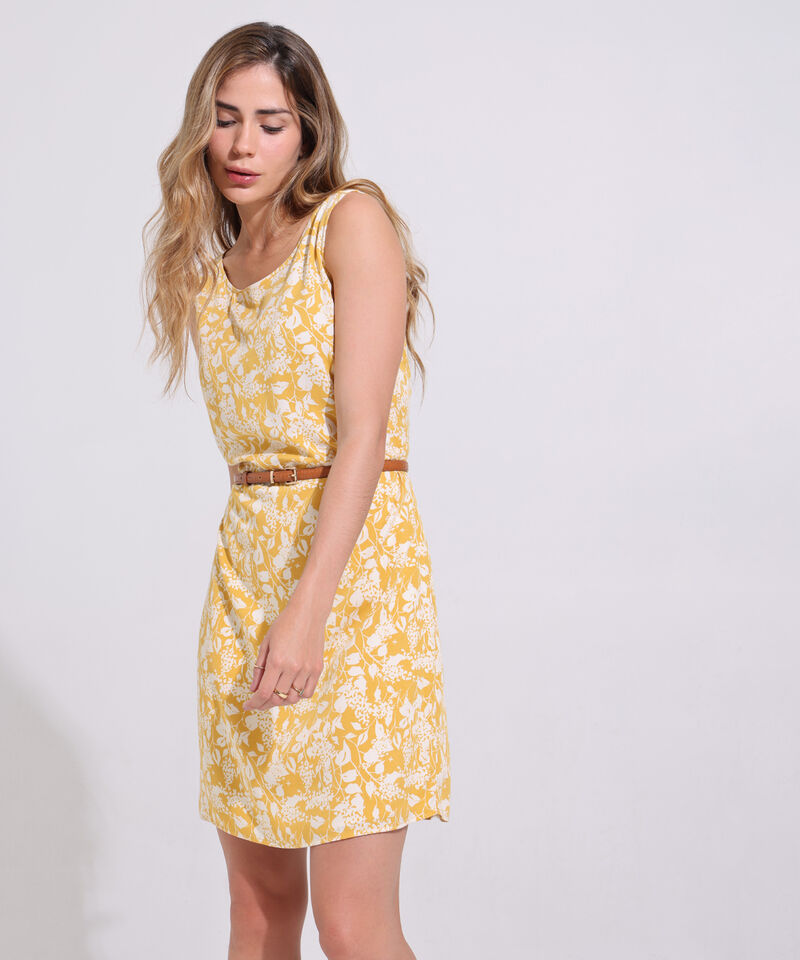 Vestido Estampado, Manga Sisa Con Cuello Redondo Y Corte En Cintura