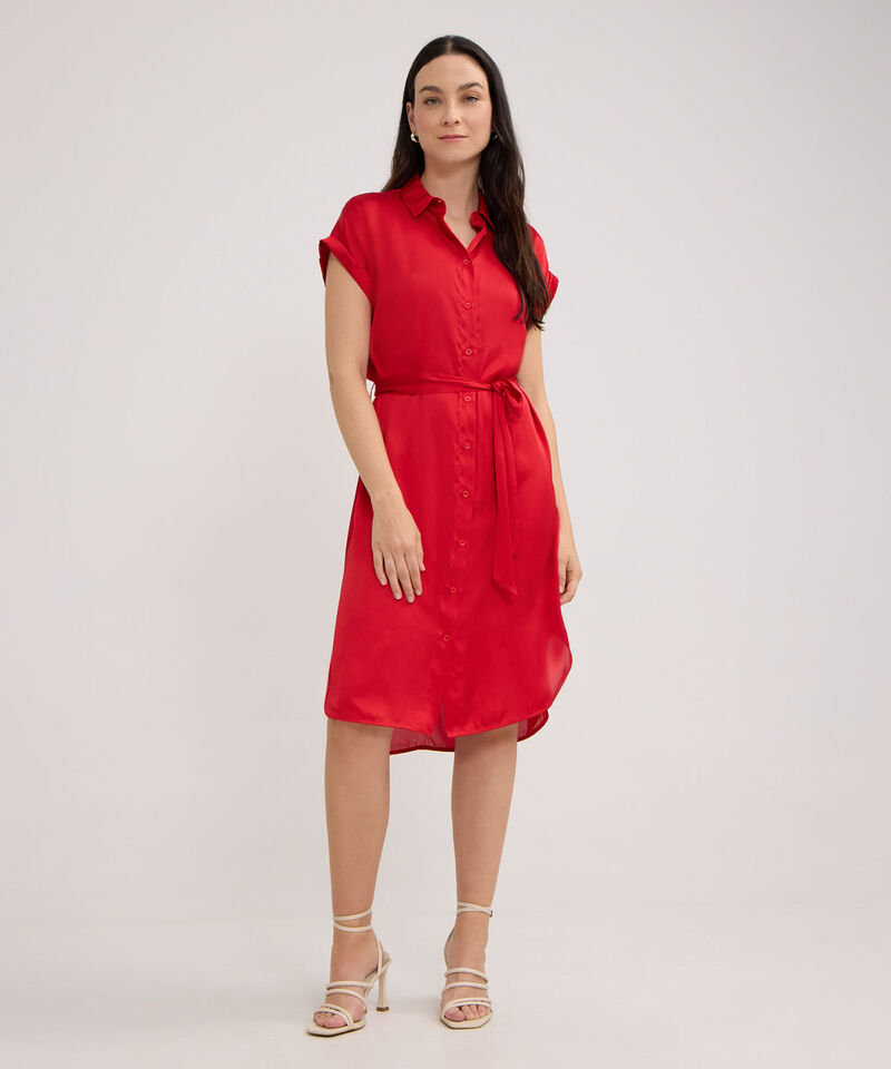 Vestido Unicolor Tipo Camisero, Manga Corta Con Botonadura En Frente