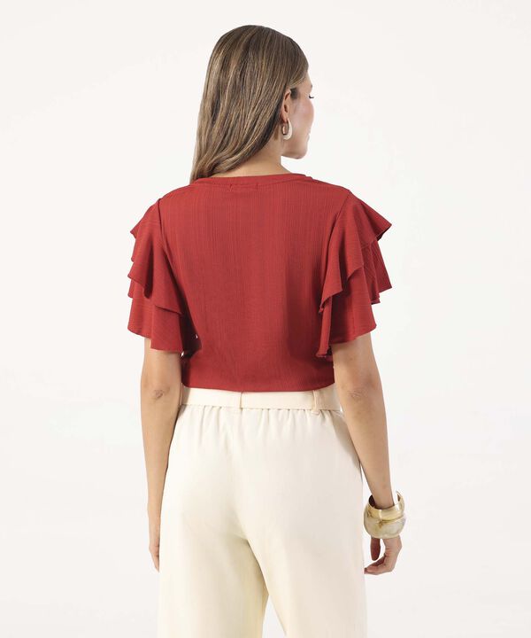 Camiseta Unicolor Textura Manga Corta Con Boleros, Tr&oacute;pico Floral