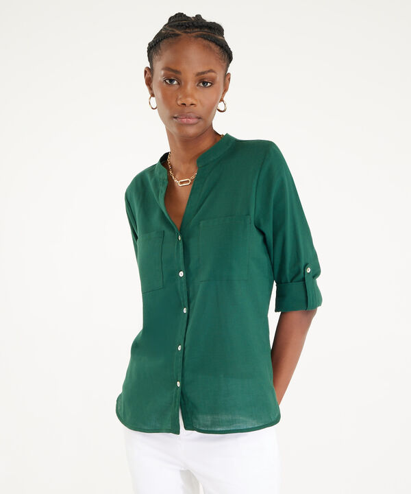 Blusa  Manga Larga Con Bolsillo Unicolor