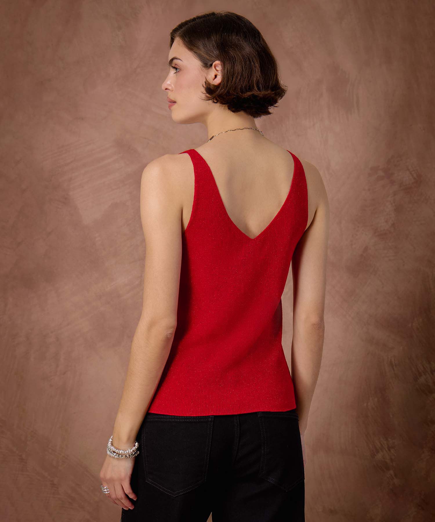 Top De Punto Acanalado Cuello V Mujer